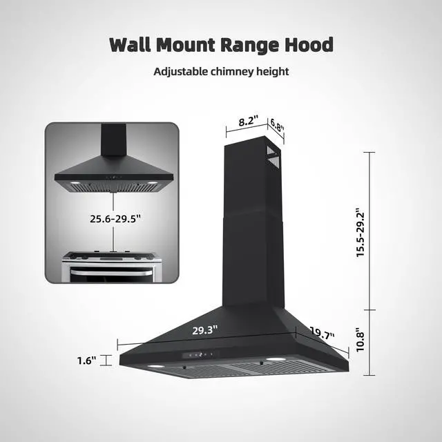 Alt view image 7 of 7 - Black Range Hood 30 inch, Convertible Wall Mount Range Hood with Brushless Motor, 450 CFM, 9 Speed Fan, Soft Touch Controls, Permanent Filters, LED Lights, Charcoal Filter included