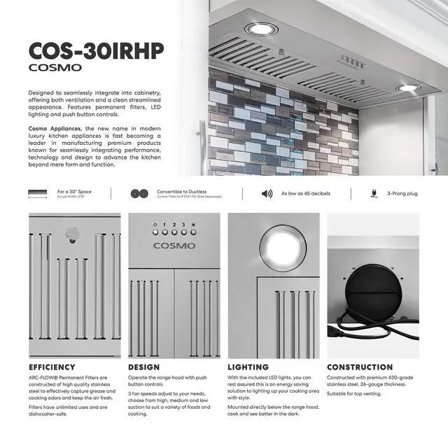 Alt view image 6 of 7 - 30 in. Lumin Collection 380 CFM Ducted Insert Range Hood, LED, Stainless | COS-30IRHP Push Button Controls, 3 Fan Speeds, Permanent Dishwasher-Safe Baffle Filters, Backdraft Damper