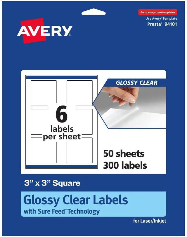 Main image of ® Glossy Clear Square Labels, Sure Feed® Technology, 3" x 3", 300 Glossy Clear Labels, Print-To-The-Edge, Laser/Inkjet Printable