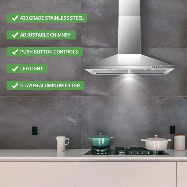 Alt view image 3 of 7 - Range Hood 30 inch,Wall Mount Range Hood in Stainless Steel With Ducted/Ductless Convertible,Stove Vent Hood with Aluminum Filters,3 Speed Exhaust Fan,LED Light,Button Control
