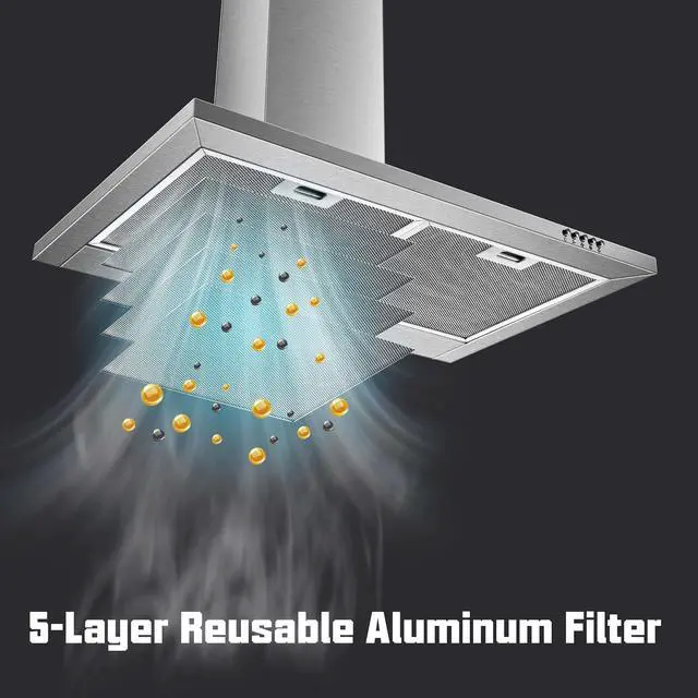 Alt view image 4 of 7 - Range Hood 30 inch,Wall Mount Range Hood in Stainless Steel With Ducted/Ductless Convertible,Stove Vent Hood with Aluminum Filters,3 Speed Exhaust Fan,LED Light,Button Control