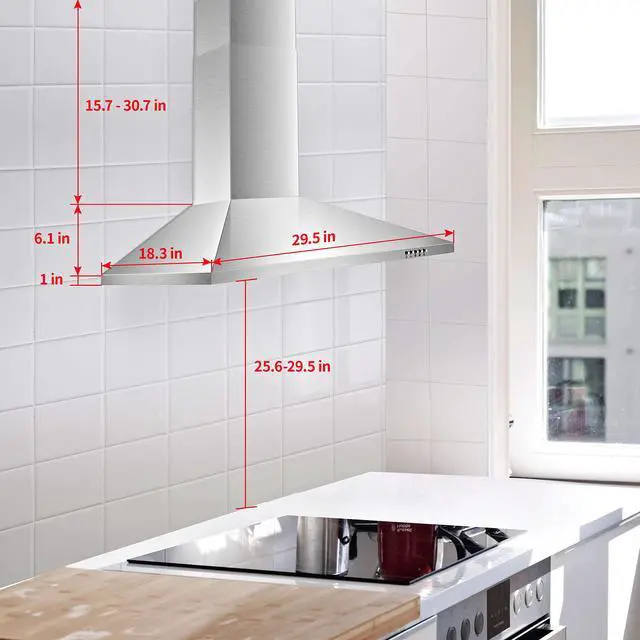 Alt view image 6 of 7 - Range Hood 30 inch,Wall Mount Range Hood in Stainless Steel With Ducted/Ductless Convertible,Stove Vent Hood with Aluminum Filters,3 Speed Exhaust Fan,LED Light,Button Control