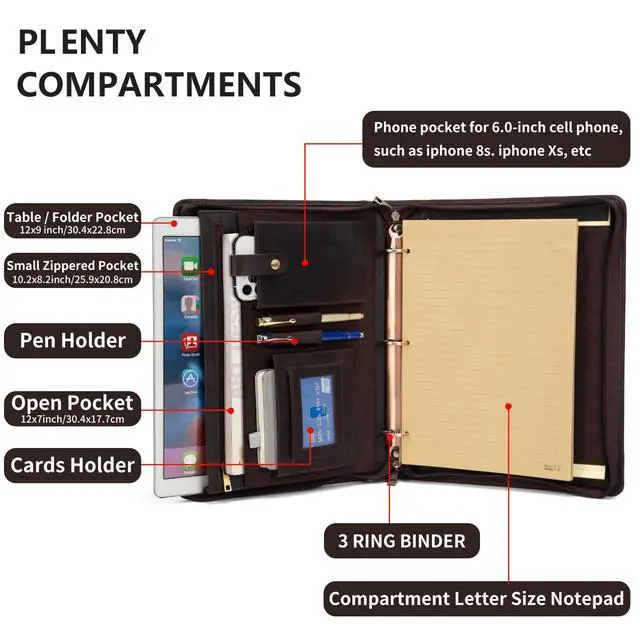 Alt view image 3 of 7 - Handmade Leather Portfolio 3 Ring Binder with Front Pocket | Padfolio for 13.3 Laptop and 8.5 x 11" Notepad, Professional Business Travel Organizer (Dark Brown, Crazy Horse Leather)
