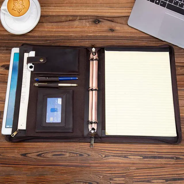 Alt view image 4 of 7 - Handmade Leather Portfolio 3 Ring Binder with Front Pocket | Padfolio for 13.3 Laptop and 8.5 x 11" Notepad, Professional Business Travel Organizer (Dark Brown, Crazy Horse Leather)
