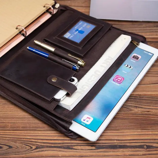 Alt view image 5 of 7 - Handmade Leather Portfolio 3 Ring Binder with Front Pocket | Padfolio for 13.3 Laptop and 8.5 x 11" Notepad, Professional Business Travel Organizer (Dark Brown, Crazy Horse Leather)