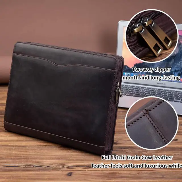 Alt view image 7 of 7 - Handmade Leather Portfolio 3 Ring Binder with Front Pocket | Padfolio for 13.3 Laptop and 8.5 x 11" Notepad, Professional Business Travel Organizer (Dark Brown, Crazy Horse Leather)