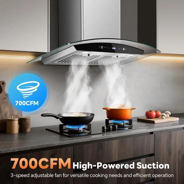 Alt view image 2 of 7 - Range Hood 30 Inch, Wall Mount Kitchen Hood with Ducted/Ductless Convertible Duct, Stainless Steel Chimney and Baffle Filters, Touch Control Fan Timer, LED Lights, 3 Speed Fan
