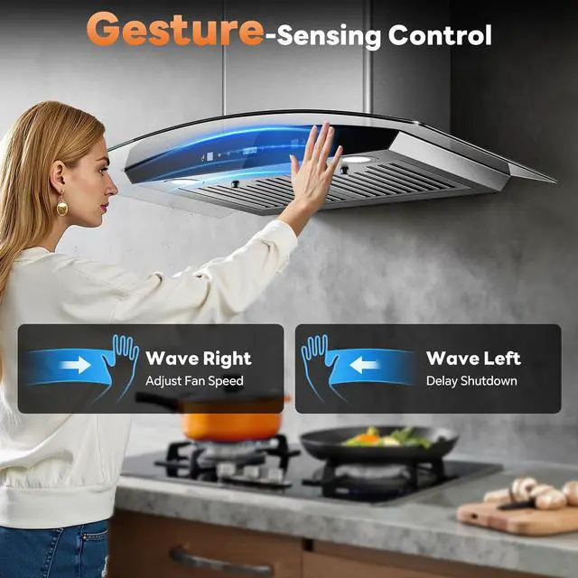 Alt view image 3 of 7 - Range Hood 30 Inch, Wall Mount Kitchen Hood with Ducted/Ductless Convertible Duct, Stainless Steel Chimney and Baffle Filters, Touch Control Fan Timer, LED Lights, 3 Speed Fan