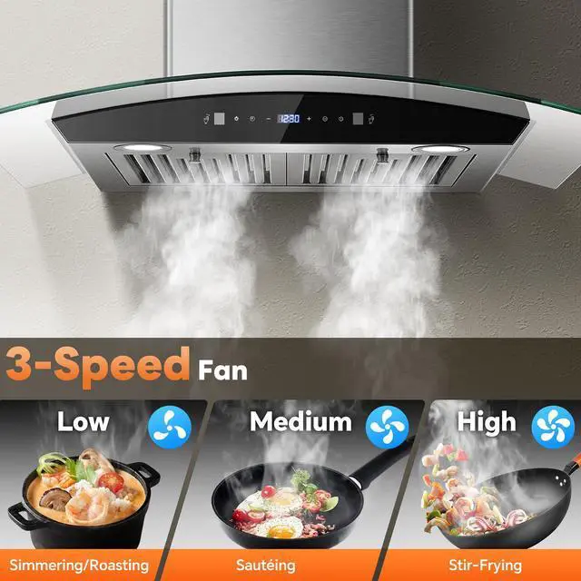 Alt view image 4 of 7 - Range Hood 30 Inch, Wall Mount Kitchen Hood with Ducted/Ductless Convertible Duct, Stainless Steel Chimney and Baffle Filters, Touch Control Fan Timer, LED Lights, 3 Speed Fan