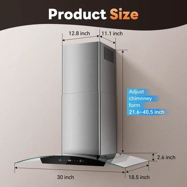 Alt view image 5 of 7 - Range Hood 30 Inch, Wall Mount Kitchen Hood with Ducted/Ductless Convertible Duct, Stainless Steel Chimney and Baffle Filters, Touch Control Fan Timer, LED Lights, 3 Speed Fan