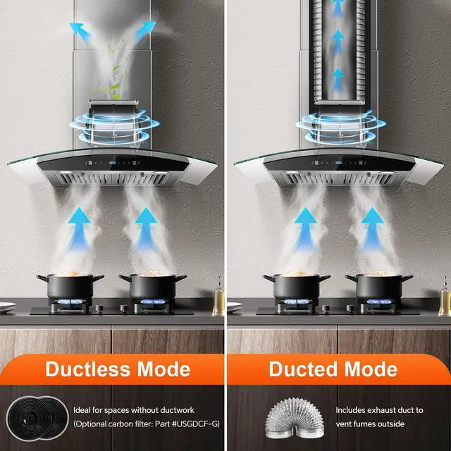 Alt view image 6 of 7 - Range Hood 30 Inch, Wall Mount Kitchen Hood with Ducted/Ductless Convertible Duct, Stainless Steel Chimney and Baffle Filters, Touch Control Fan Timer, LED Lights, 3 Speed Fan