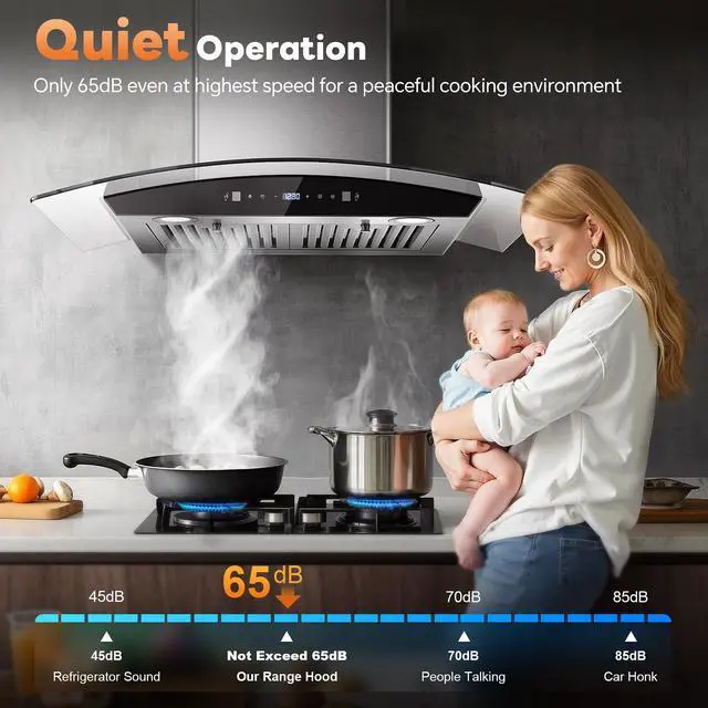 Alt view image 7 of 7 - Range Hood 30 Inch, Wall Mount Kitchen Hood with Ducted/Ductless Convertible Duct, Stainless Steel Chimney and Baffle Filters, Touch Control Fan Timer, LED Lights, 3 Speed Fan