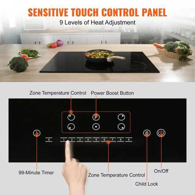 Alt view image 3 of 7 - Built-in Induction Electric Stove Top 30 Inch,5 Burners Electric Cooktop,9 Power Levels & Sensor Touch Control,Easy to Clean Ceramic Glass Surface,Child Safety Lock,240V