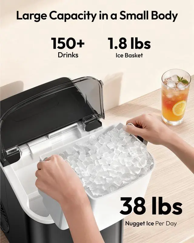 Alt view image 3 of 7 - Nugget Ice Maker Countertop with Handle, Ready in 6 Mins, 38lbs/Day, Removable Top Cover, Self-Cleaning, Portable Chewable Ice Maker with Basket, Scoop, for Home/RV/Party/Camping (Black)