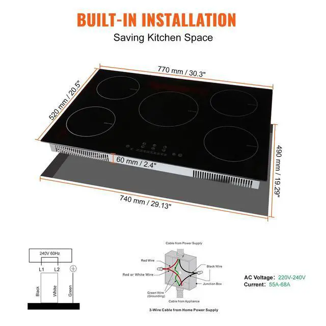 Alt view image 6 of 7 - Built-in Induction Electric Stove Top 30 Inch,5 Burners Electric Cooktop,9 Power Levels & Sensor Touch Control,Easy to Clean Ceramic Glass Surface,Child Safety Lock,240V