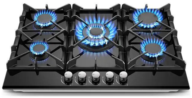 Main image of Gas Cooktop 30 Inch, 5 Burners Propane Stove, Built-in NG/LPG Convertible Gas Stove Top, Black Tempered Glass Propane Cooktop with Thermocouple Protection