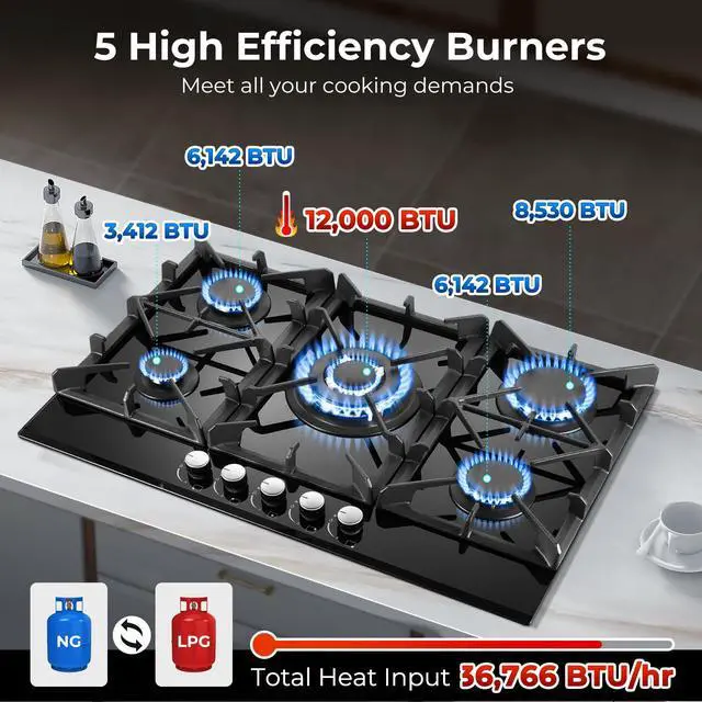 Alt view image 2 of 7 - Gas Cooktop 30 Inch, 5 Burners Propane Stove, Built-in NG/LPG Convertible Gas Stove Top, Black Tempered Glass Propane Cooktop with Thermocouple Protection