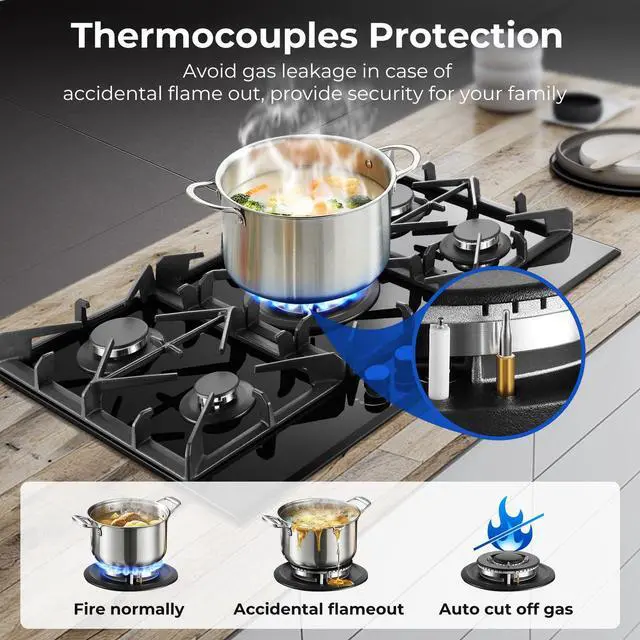 Alt view image 4 of 7 - Gas Cooktop 30 Inch, 5 Burners Propane Stove, Built-in NG/LPG Convertible Gas Stove Top, Black Tempered Glass Propane Cooktop with Thermocouple Protection