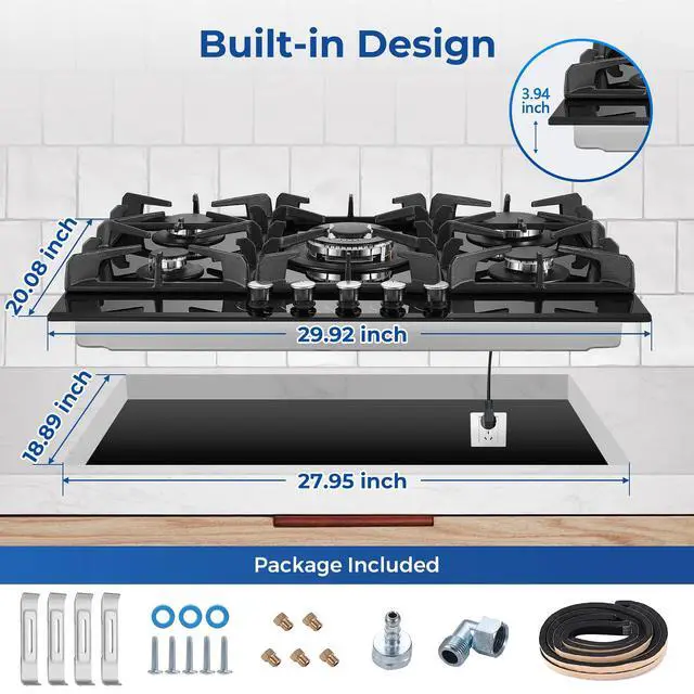 Alt view image 5 of 7 - Gas Cooktop 30 Inch, 5 Burners Propane Stove, Built-in NG/LPG Convertible Gas Stove Top, Black Tempered Glass Propane Cooktop with Thermocouple Protection