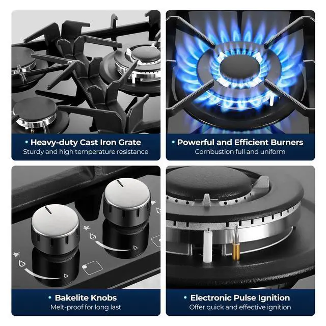 Alt view image 3 of 7 - Gas Cooktop 30 Inch, 5 Burners Propane Stove, Built-in NG/LPG Convertible Gas Stove Top, Black Tempered Glass Propane Cooktop with Thermocouple Protection