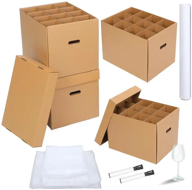 Main image of 4 Pack Moving Boxes for Dishes 16 x 12 x 12" Wine Glass Packing Boxes for Moving with Handle Lids Kitchen Kit and 72 Dish Glass Inserts Packing Papers Black Marker Pens