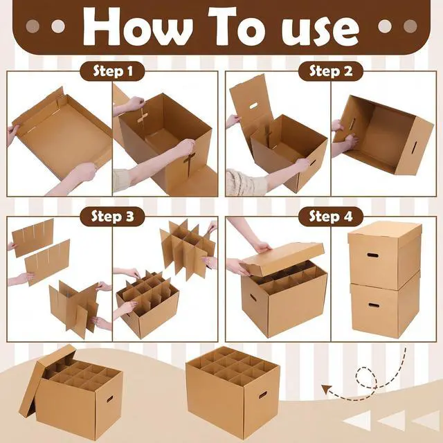 Alt view image 3 of 6 - 4 Pack Moving Boxes for Dishes 16 x 12 x 12" Wine Glass Packing Boxes for Moving with Handle Lids Kitchen Kit and 72 Dish Glass Inserts Packing Papers Black Marker Pens