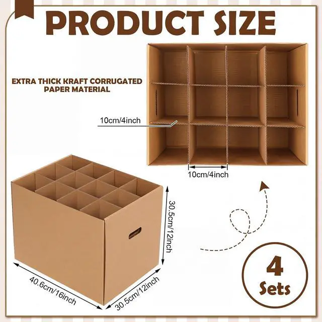 Alt view image 2 of 6 - 4 Pack Moving Boxes for Dishes 16 x 12 x 12" Wine Glass Packing Boxes for Moving with Handle Lids Kitchen Kit and 72 Dish Glass Inserts Packing Papers Black Marker Pens