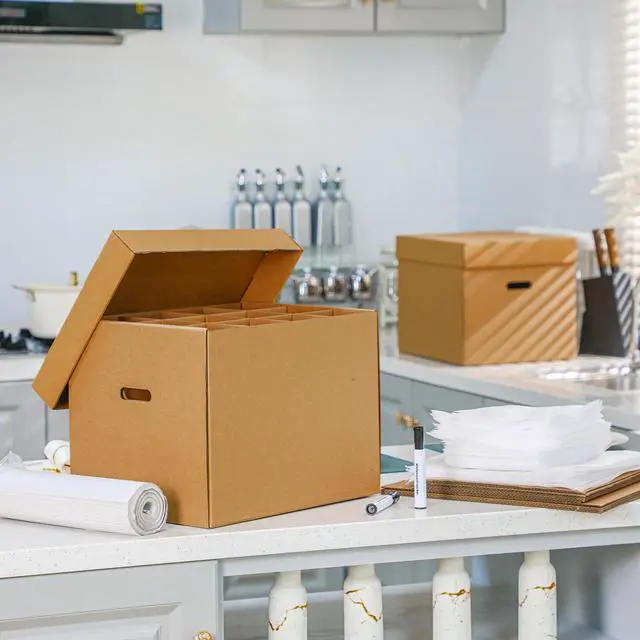 Alt view image 5 of 6 - 4 Pack Moving Boxes for Dishes 16 x 12 x 12" Wine Glass Packing Boxes for Moving with Handle Lids Kitchen Kit and 72 Dish Glass Inserts Packing Papers Black Marker Pens