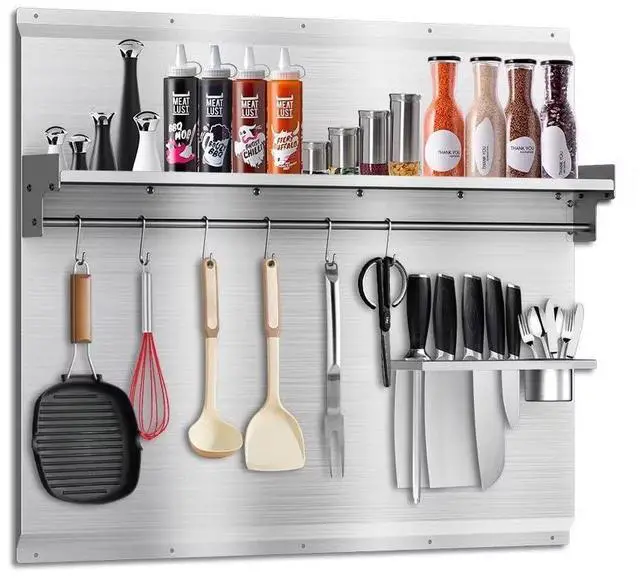 Main image of 36"x30" Stainless Steel Backsplash for Stove & Range Hood - Range Backsplash with Shelf & Knife Rack, Kitchen Backsplash Wall Shield with Pre-Drilled Holes, Easy Install