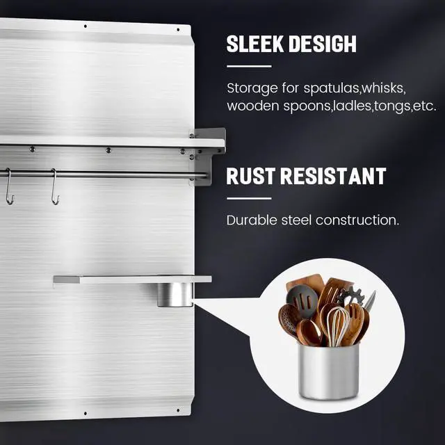 Alt view image 4 of 7 - 36"x30" Stainless Steel Backsplash for Stove & Range Hood - Range Backsplash with Shelf & Knife Rack, Kitchen Backsplash Wall Shield with Pre-Drilled Holes, Easy Install