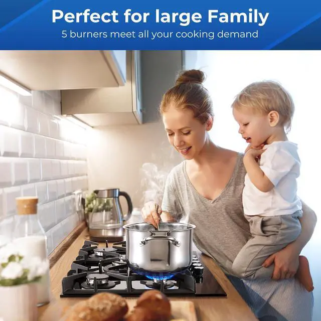 Alt view image 7 of 7 - Gas Cooktop 30 Inch, 5 Burners Propane Stove, Built-in NG/LPG Convertible Gas Stove Top, Black Tempered Glass Propane Cooktop with Thermocouple Protection
