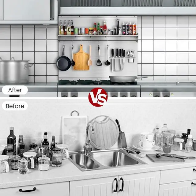 Alt view image 6 of 7 - 36"x30" Stainless Steel Backsplash for Stove & Range Hood - Range Backsplash with Shelf & Knife Rack, Kitchen Backsplash Wall Shield with Pre-Drilled Holes, Easy Install