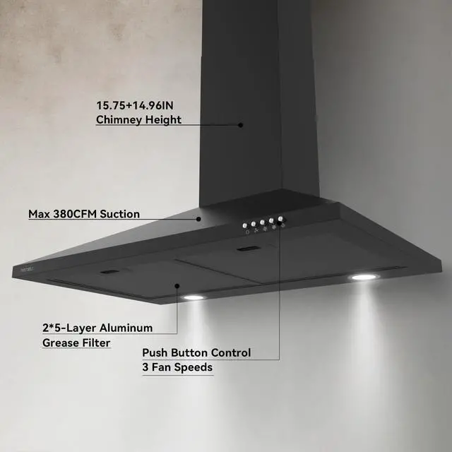 Alt view image 3 of 7 - 30 Inch Wall Mount Range Hood, Black Kitchen Vent Hoods | Ducted/Ductless Convertible, Charcoal Filter Included, Versatile Kitchen Exhaust Vent