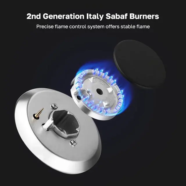 Alt view image 2 of 7 - 12 Inch Gas Cooktop, Heavy Built In Gas Rangetop with 2 High Efficiency SABAF Burners, NG/LPG Convertible 304 Stainless Steel Stove Top with Flame Out Protection, CSA Certified