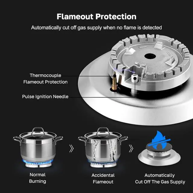 Alt view image 3 of 7 - 12 Inch Gas Cooktop, Heavy Built In Gas Rangetop with 2 High Efficiency SABAF Burners, NG/LPG Convertible 304 Stainless Steel Stove Top with Flame Out Protection, CSA Certified