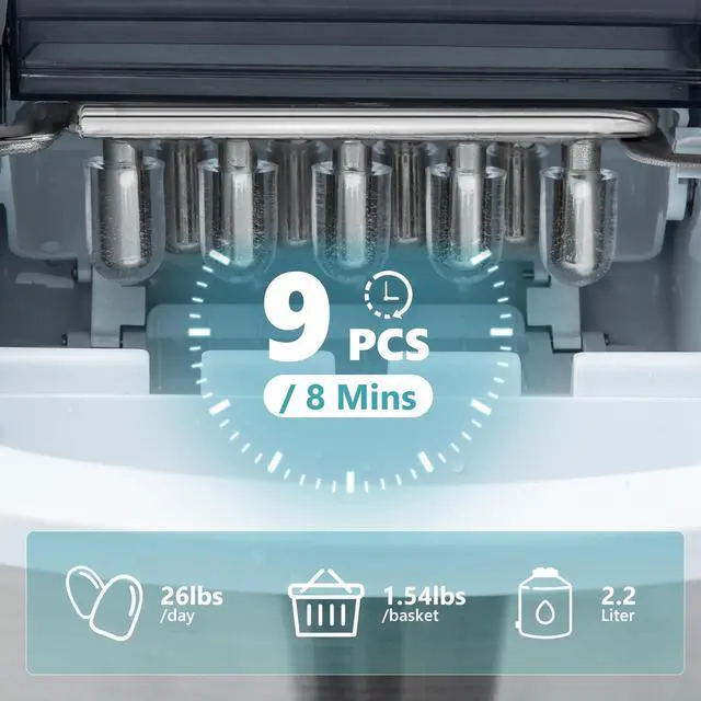 Alt view image 3 of 7 - Smart Ice Makers Countertop -26lbs in 24 Hours, 9 Cubes Ready in 8Mins, Self-Cleaning Countertop Ice Maker, Portable Ice Maker with Ice Scoop and Basket, Perfect for Home/Kitchen/Office(Sliver