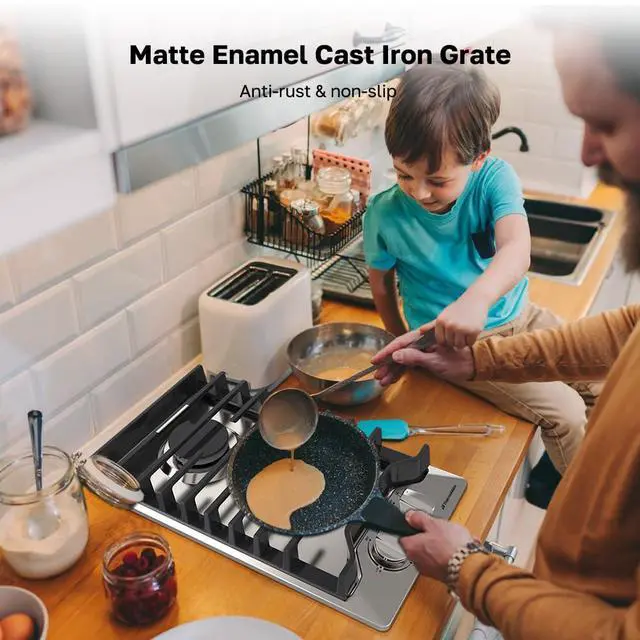 Alt view image 6 of 7 - 12 Inch Gas Cooktop, Heavy Built In Gas Rangetop with 2 High Efficiency SABAF Burners, NG/LPG Convertible 304 Stainless Steel Stove Top with Flame Out Protection, CSA Certified