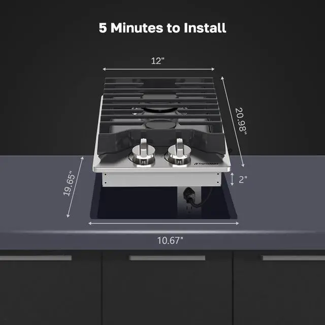Alt view image 7 of 7 - 12 Inch Gas Cooktop, Heavy Built In Gas Rangetop with 2 High Efficiency SABAF Burners, NG/LPG Convertible 304 Stainless Steel Stove Top with Flame Out Protection, CSA Certified