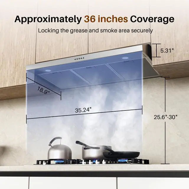 Alt view image 3 of 7 - 36 Inch Under Cabinet Range Hood, Ducted/Ductless Convertible Kitchen Vent Hood with 3-Speed Exhaust Fan, 300 CFM, LED Lights, Stainless Steel Stove Hood for Kitchen