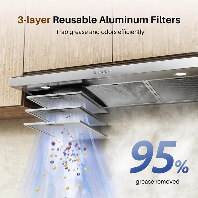 Alt view image 4 of 7 - 36 Inch Under Cabinet Range Hood, Ducted/Ductless Convertible Kitchen Vent Hood with 3-Speed Exhaust Fan, 300 CFM, LED Lights, Stainless Steel Stove Hood for Kitchen