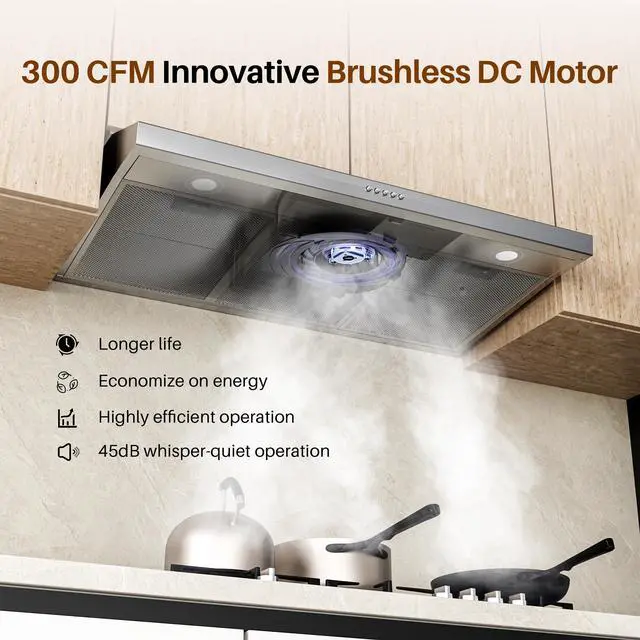 Alt view image 2 of 7 - 36 Inch Under Cabinet Range Hood, Ducted/Ductless Convertible Kitchen Vent Hood with 3-Speed Exhaust Fan, 300 CFM, LED Lights, Stainless Steel Stove Hood for Kitchen