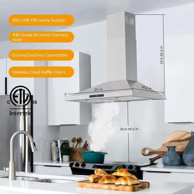 Alt view image 2 of 7 - Range Hood 30 inch Wall Mount,450 CFM Ducted/Ductless Range Hood with Stainless Steel,Stove Hood Vent for Kitchen with 3 Speed Fan,Permanent Filters,Led Lights,Digital Touch,Charcoal Filter