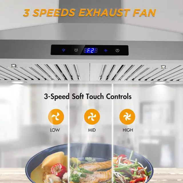 Alt view image 3 of 7 - Range Hood 30 inch Wall Mount,450 CFM Ducted/Ductless Range Hood with Stainless Steel,Stove Hood Vent for Kitchen with 3 Speed Fan,Permanent Filters,Led Lights,Digital Touch,Charcoal Filter