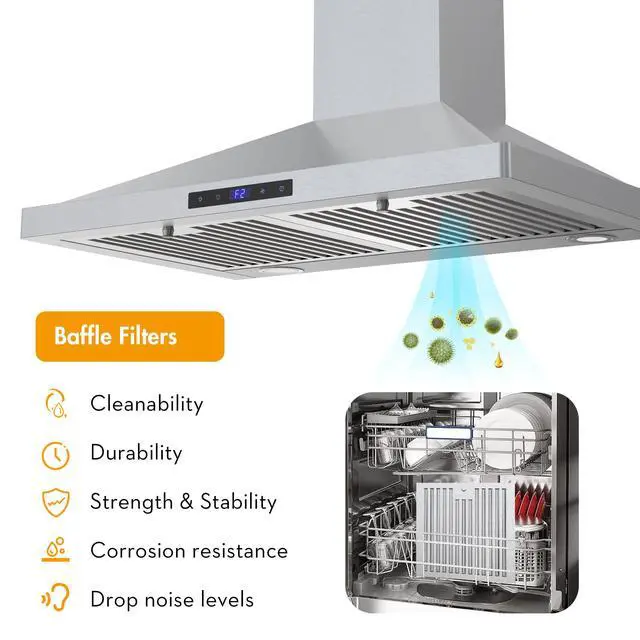 Alt view image 4 of 7 - Range Hood 30 inch Wall Mount,450 CFM Ducted/Ductless Range Hood with Stainless Steel,Stove Hood Vent for Kitchen with 3 Speed Fan,Permanent Filters,Led Lights,Digital Touch,Charcoal Filter