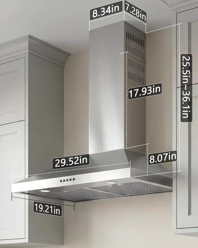 Alt view image 2 of 7 - Range Hood 30inch Wall Mount - Ducted/Ductless Convertible | Stainless Steel Kitchen Vent Hood, Chimney Stove Hood with 3-Speed Exhaust Fan, 2 LED Light, 2 Metal Filter, Polished