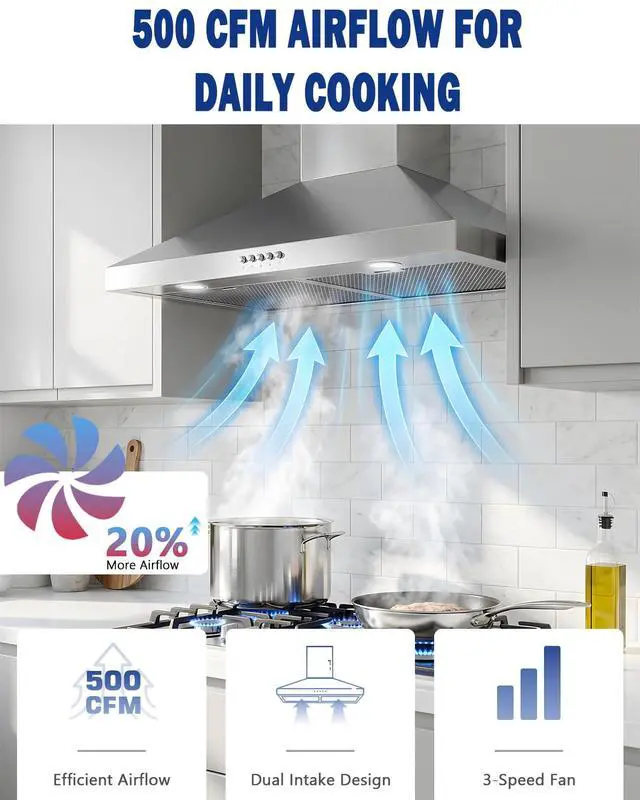 Alt view image 3 of 7 - Range Hood 30inch Wall Mount - Ducted/Ductless Convertible | Stainless Steel Kitchen Vent Hood, Chimney Stove Hood with 3-Speed Exhaust Fan, 2 LED Light, 2 Metal Filter, Polished
