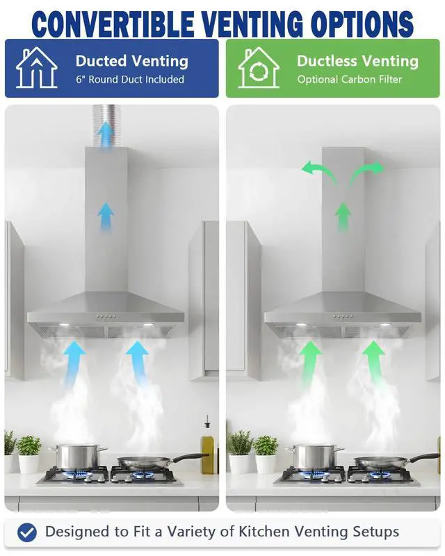 Alt view image 4 of 7 - Range Hood 30inch Wall Mount - Ducted/Ductless Convertible | Stainless Steel Kitchen Vent Hood, Chimney Stove Hood with 3-Speed Exhaust Fan, 2 LED Light, 2 Metal Filter, Polished