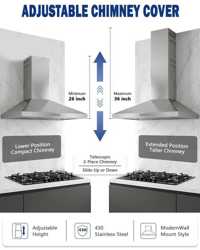 Alt view image 5 of 7 - Range Hood 30inch Wall Mount - Ducted/Ductless Convertible | Stainless Steel Kitchen Vent Hood, Chimney Stove Hood with 3-Speed Exhaust Fan, 2 LED Light, 2 Metal Filter, Polished