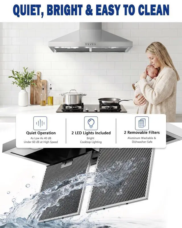 Alt view image 6 of 7 - Range Hood 30inch Wall Mount - Ducted/Ductless Convertible | Stainless Steel Kitchen Vent Hood, Chimney Stove Hood with 3-Speed Exhaust Fan, 2 LED Light, 2 Metal Filter, Polished