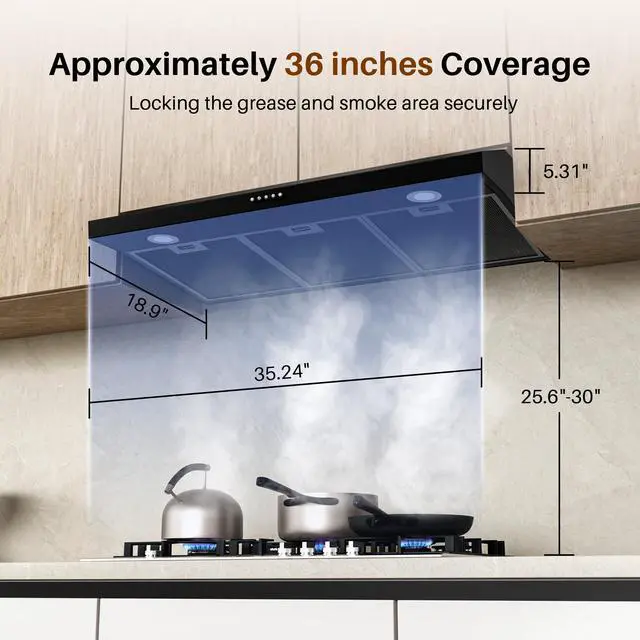 Alt view image 4 of 7 - Black Under Cabinet Range Hood 36 Inch, Ducted/Ductless Convertible Kitchen Hood with 3 Speed Exhaust Fan, 300 CFM, LED Lights, Brushlesss DC Motor Vent Hood for Kitchen